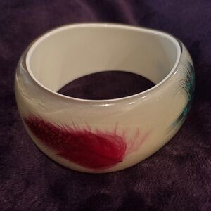 White Bangle with Red and Green Feather Accents (handmade)